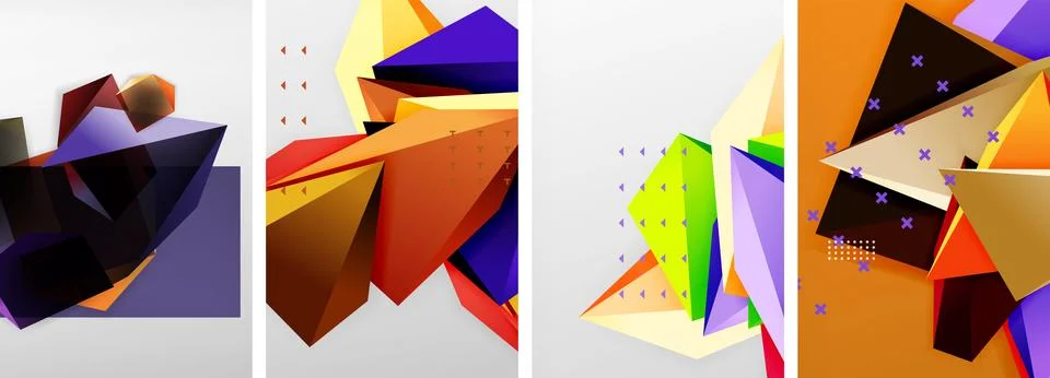 Trendy low poly 3d triangle shapes and other geometric elements background Stockillustratie