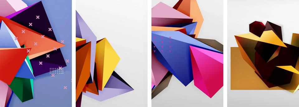 Trendy low poly 3d triangle shapes and other geometric elements background Stock Illustration