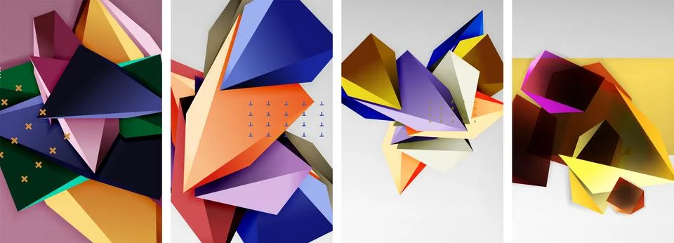 Trendy low poly 3d triangle shapes and other geometric elements background Stock Illustration