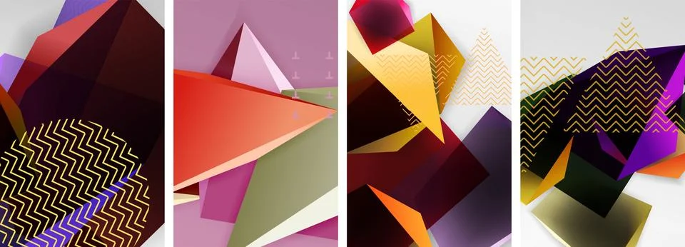 Trendy low poly 3d triangle shapes and other geometric elements background Stockillustratie