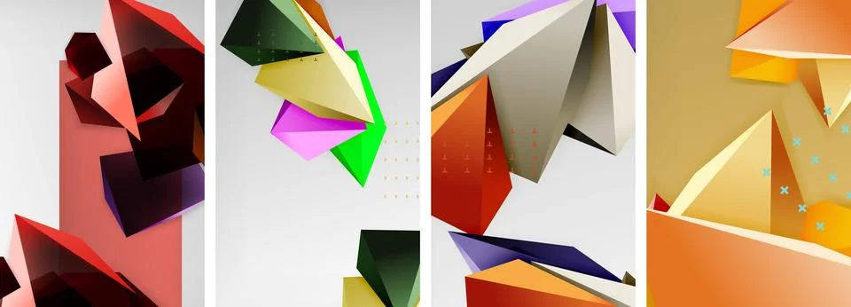 Trendy low poly 3d triangle shapes and other geometric elements background Stock Illustration