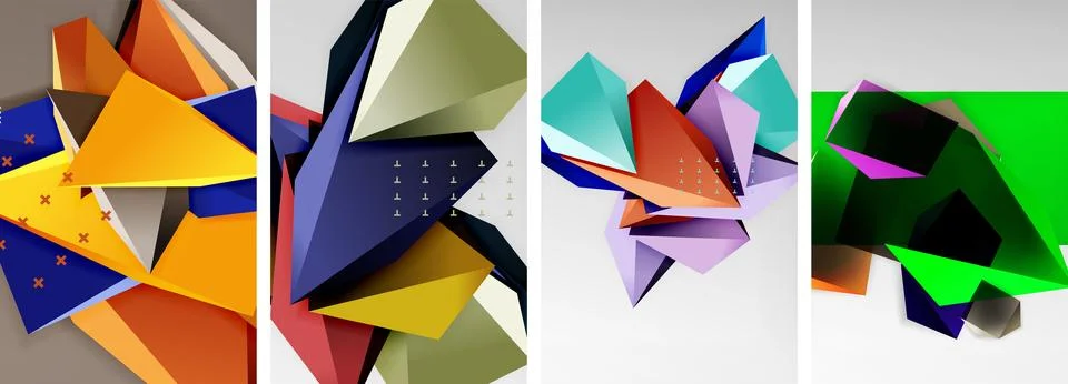 Trendy low poly 3d triangle shapes and other geometric elements background Stock Illustration