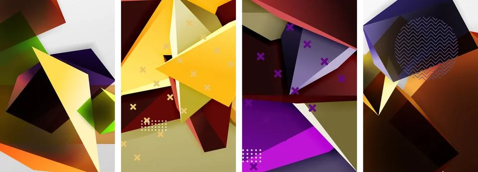 Trendy low poly 3d triangle shapes and other geometric elements background Stock Illustration