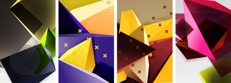 Trendy low poly 3d triangle shapes and other geometric elements background Stock Illustration