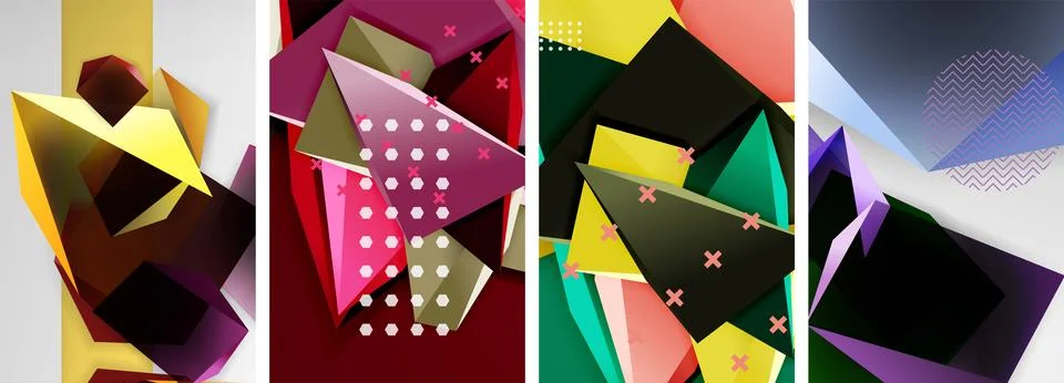Trendy low poly 3d triangle shapes and other geometric elements background Stock Illustration