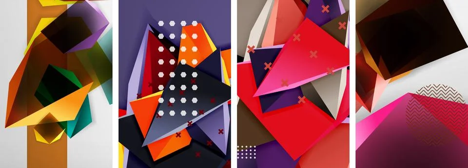 Trendy low poly 3d triangle shapes and other geometric elements background Stock Illustration