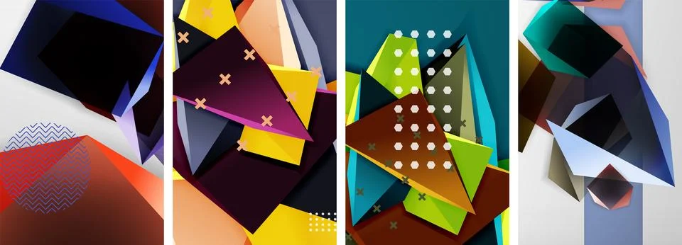 Trendy low poly 3d triangle shapes and other geometric elements background Stock Illustration