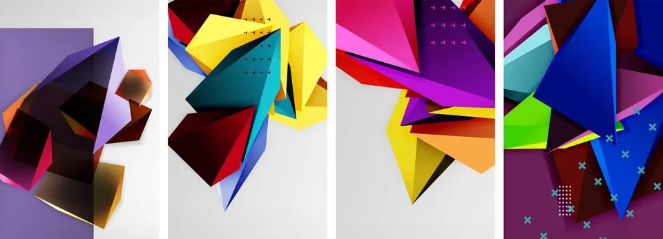 Trendy low poly 3d triangle shapes and other geometric elements background Stock Illustration