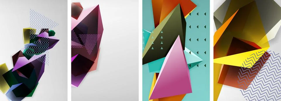 Trendy low poly 3d triangle shapes and other geometric elements background Illustrazione stock
