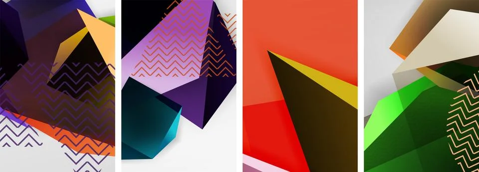 Trendy low poly 3d triangle shapes and other geometric elements background Stock Illustration