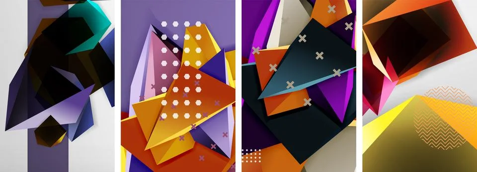Trendy low poly 3d triangle shapes and other geometric elements background Stock Illustration