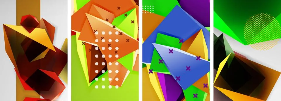 Trendy low poly 3d triangle shapes and other geometric elements background Stock Illustration