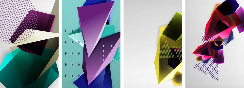Trendy low poly 3d triangle shapes and other geometric elements background Stock Illustration