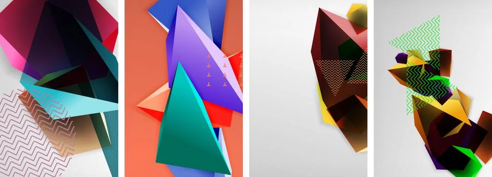 Trendy low poly 3d triangle shapes and other geometric elements background Illustrazione stock