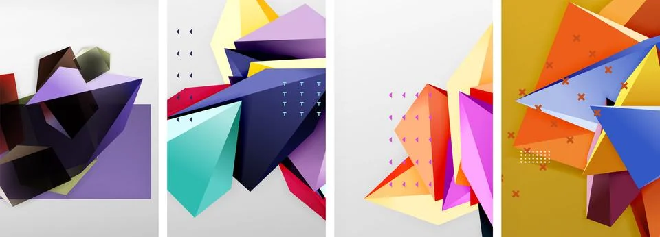 Trendy low poly 3d triangle shapes and other geometric elements background Illustrazione stock
