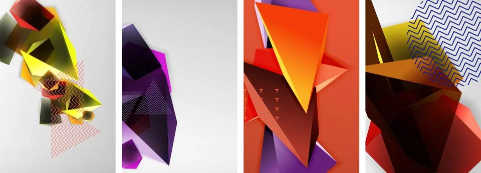 Trendy low poly 3d triangle shapes and other geometric elements background Stock Illustration