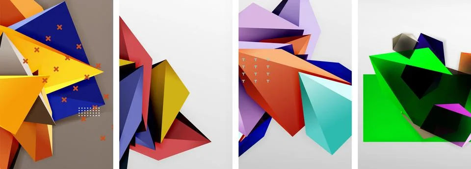 Trendy low poly 3d triangle shapes and other geometric elements background Stock Illustration