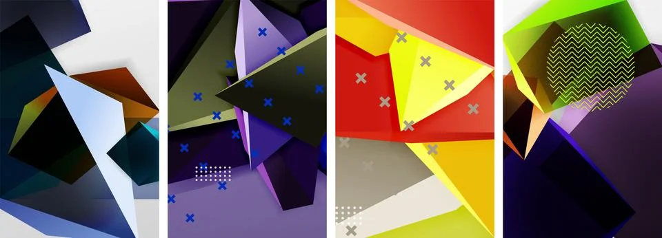 Trendy low poly 3d triangle shapes and other geometric elements background Illustrazione stock