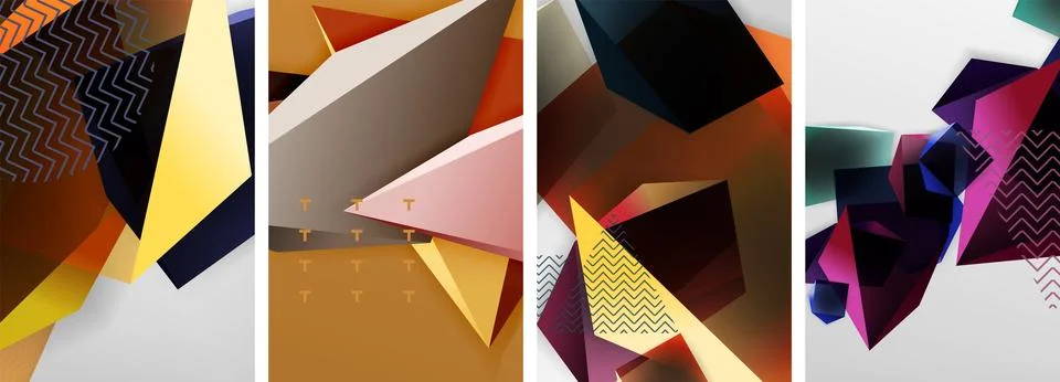 Trendy low poly 3d triangle shapes and other geometric elements background Illustrazione stock