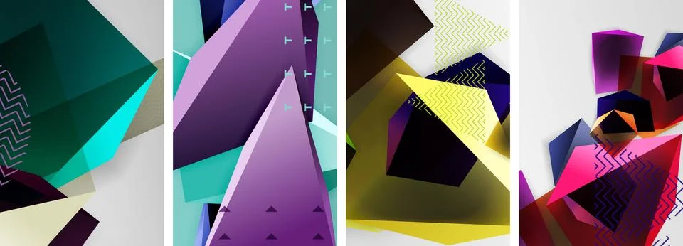 Trendy low poly 3d triangle shapes and other geometric elements background Stockillustratie