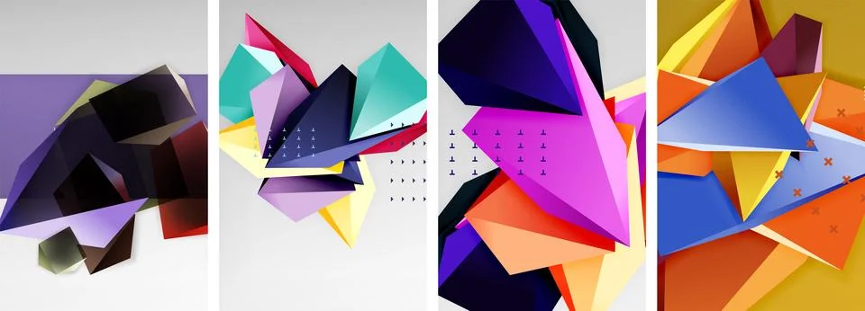 Trendy low poly 3d triangle shapes and other geometric elements background Stock Illustration