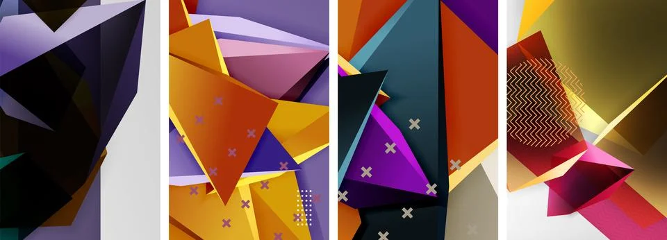 Trendy low poly 3d triangle shapes and other geometric elements background Illustrazione stock