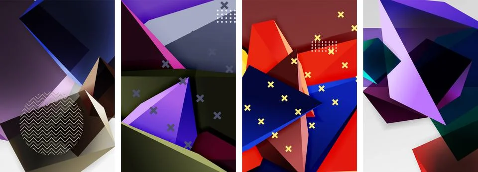 Trendy low poly 3d triangle shapes and other geometric elements background Stock Illustration