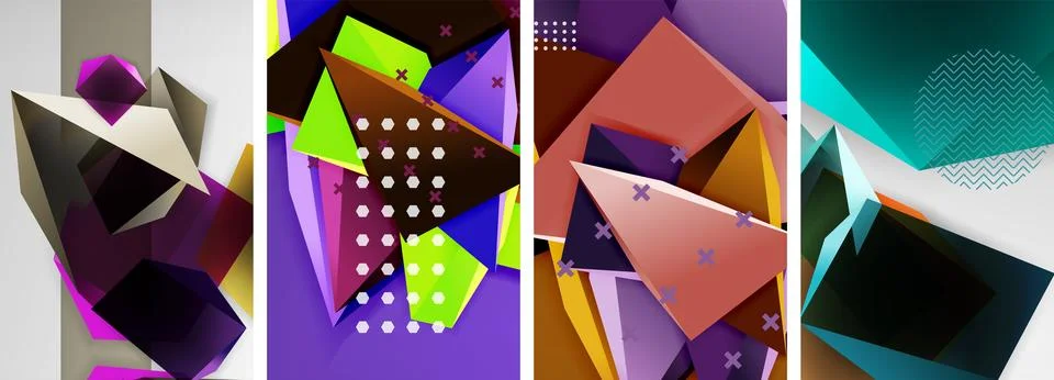 Trendy low poly 3d triangle shapes and other geometric elements background Stock Illustration