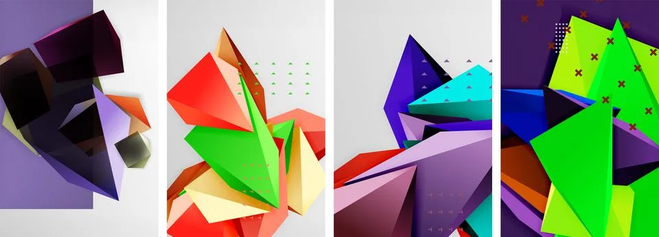 Trendy low poly 3d triangle shapes and other geometric elements background Illustrazione stock