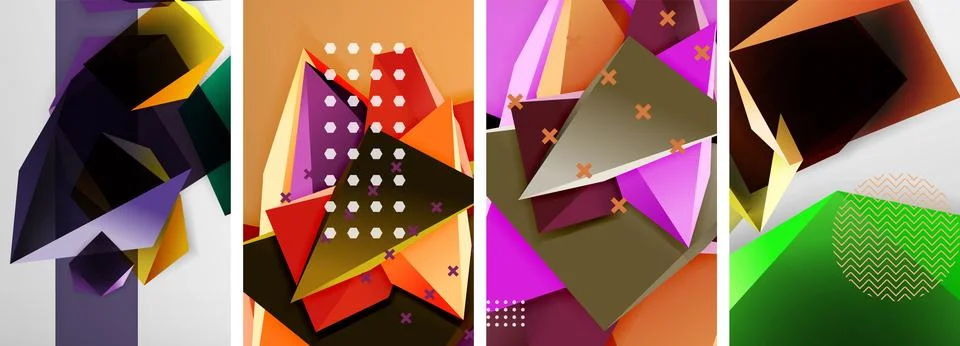 Trendy low poly 3d triangle shapes and other geometric elements background Stock Illustration