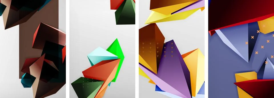 Trendy low poly 3d triangle shapes and other geometric elements background Stock Illustration