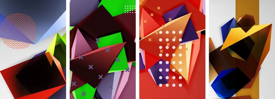 Trendy low poly 3d triangle shapes and other geometric elements background Stock Illustration