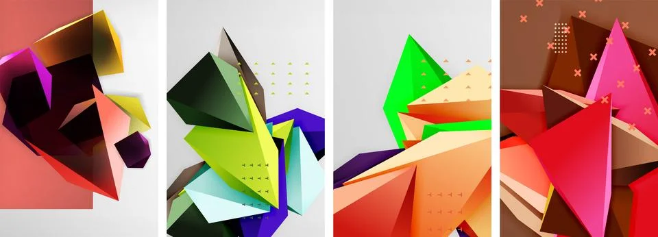 Trendy low poly 3d triangle shapes and other geometric elements background Stock Illustration