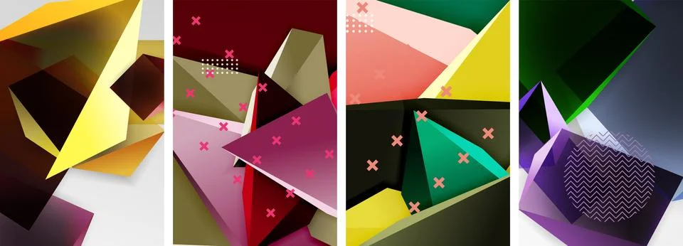 Trendy low poly 3d triangle shapes and other geometric elements background Stock Illustration