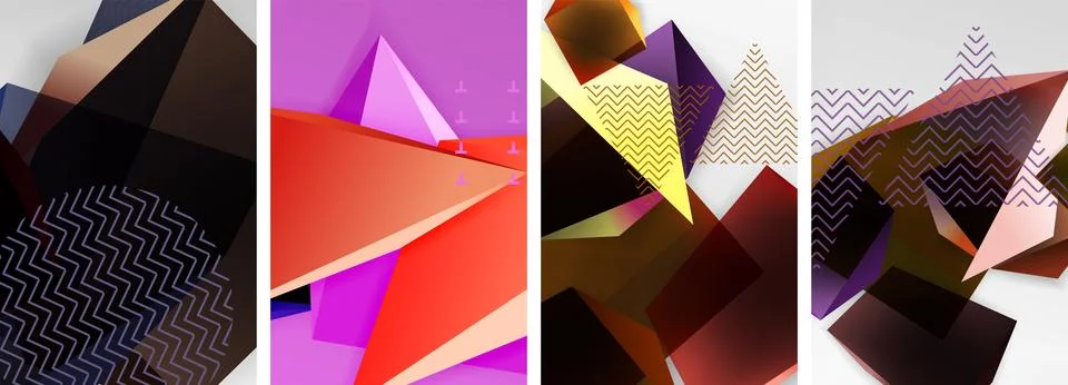 Trendy low poly 3d triangle shapes and other geometric elements background Stock Illustration
