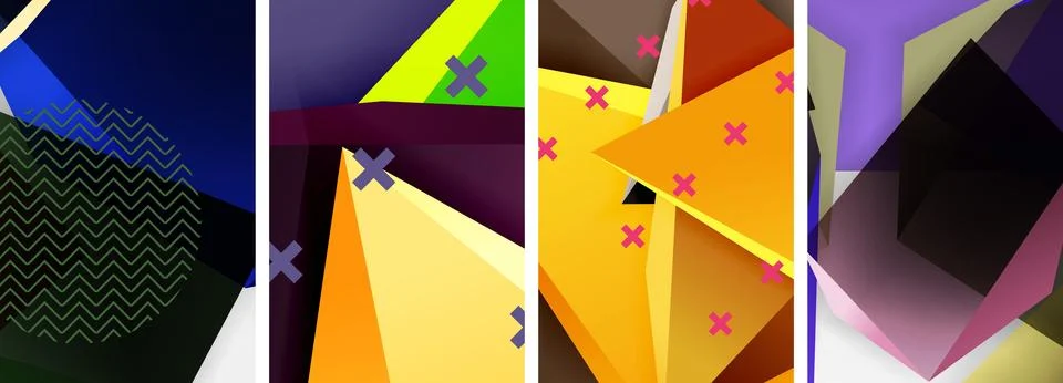 Trendy low poly 3d triangle shapes and other geometric elements background Stock Illustration