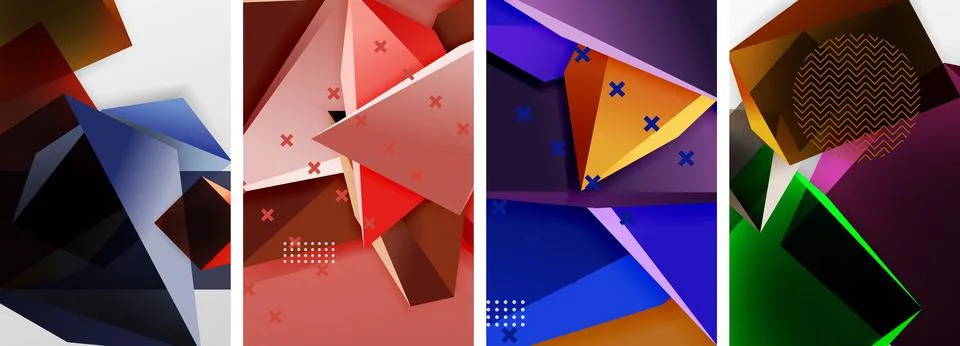 Trendy low poly 3d triangle shapes and other geometric elements background Stock Illustration