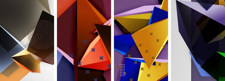 Trendy low poly 3d triangle shapes and other geometric elements background Stock Illustration
