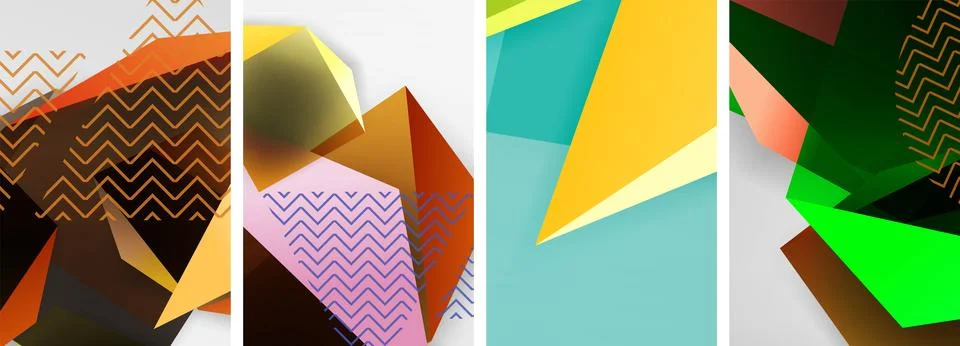 Trendy low poly 3d triangle shapes and other geometric elements background Stockillustratie