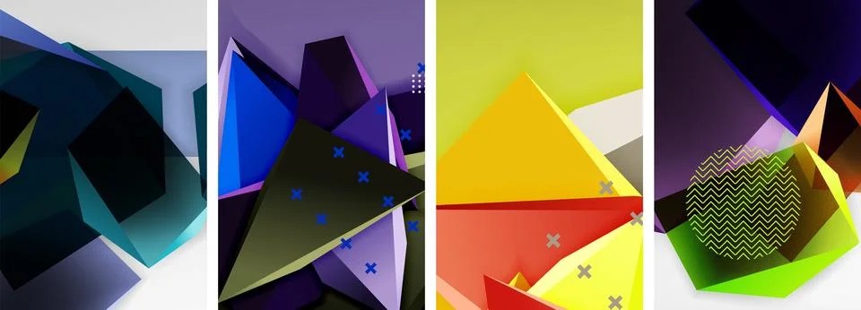 Trendy low poly 3d triangle shapes and other geometric elements background Stock Illustration
