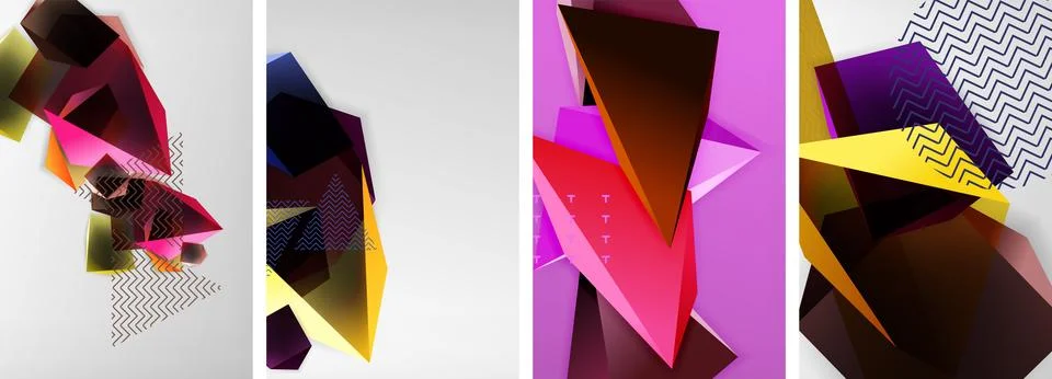 Trendy low poly 3d triangle shapes and other geometric elements background Illustrazione stock