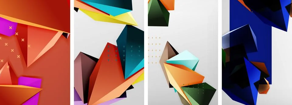Trendy low poly 3d triangle shapes and other geometric elements background Stock Illustration