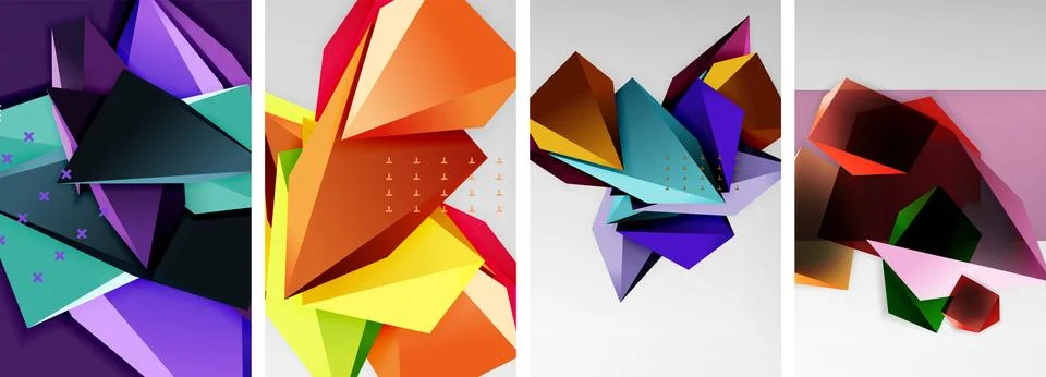 Trendy low poly 3d triangle shapes and other geometric elements background Stock Illustration