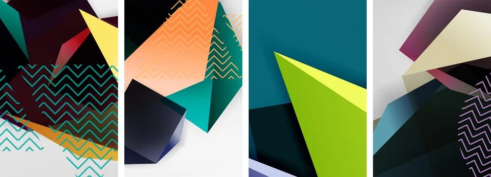 Trendy low poly 3d triangle shapes and other geometric elements background Stock Illustration