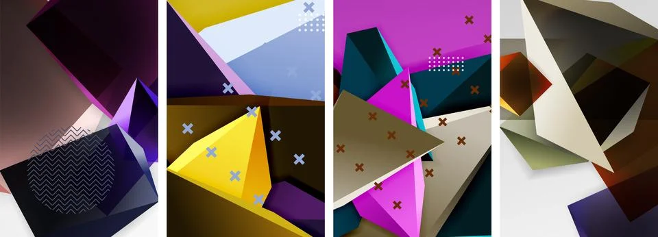 Trendy low poly 3d triangle shapes and other geometric elements background Stockillustratie
