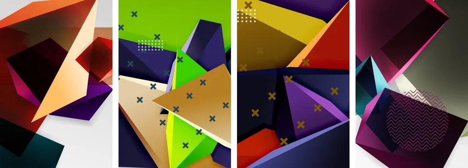 Trendy low poly 3d triangle shapes and other geometric elements background Stock Illustration