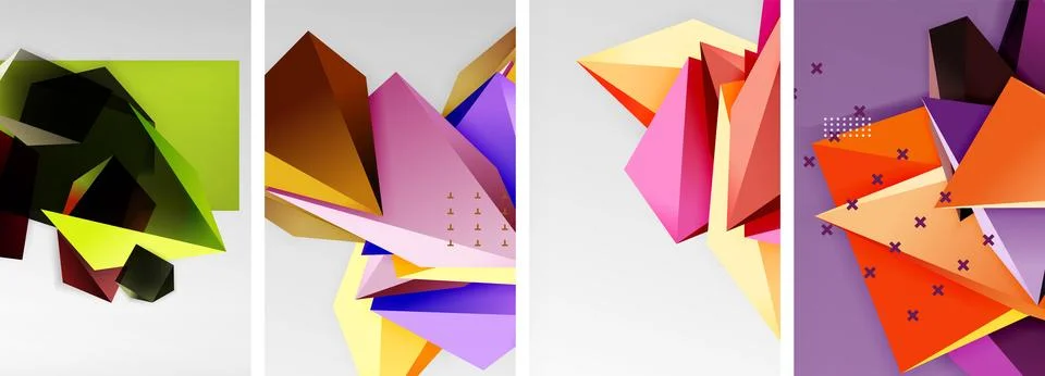 Trendy low poly 3d triangle shapes and other geometric elements background Illustrazione stock