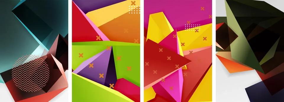 Trendy low poly 3d triangle shapes and other geometric elements background Stockillustratie
