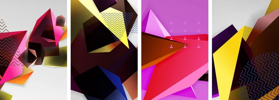 Trendy low poly 3d triangle shapes and other geometric elements background Stockillustratie