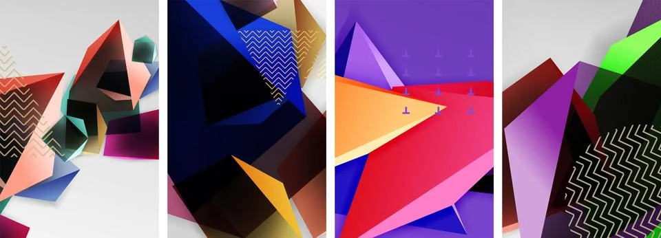 Trendy low poly 3d triangle shapes and other geometric elements background Stockillustratie